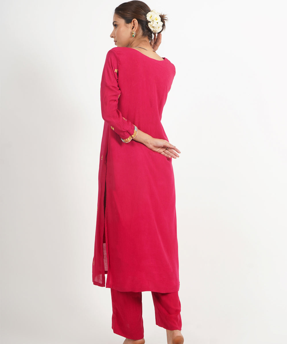 Red phool mahal hand embroidered silk crepe womens suit- set of 3