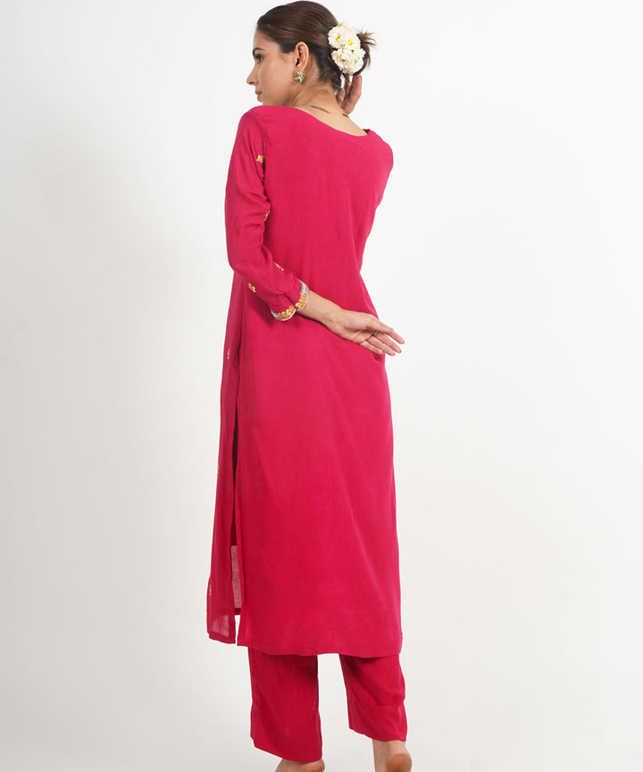 Red phool mahal hand embroidered silk crepe womens suit- set of 3