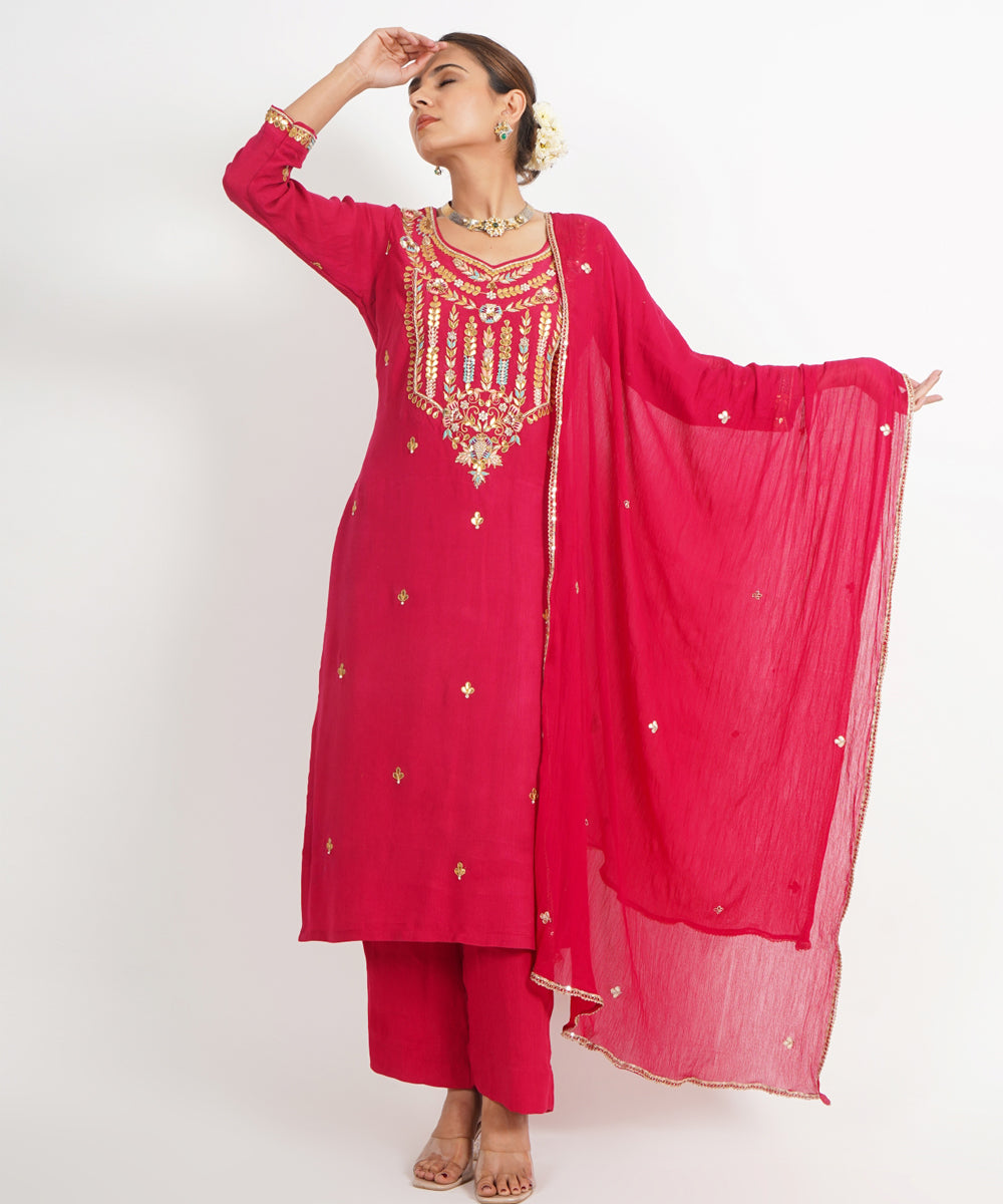 Red phool mahal hand embroidered silk crepe womens suit- set of 3