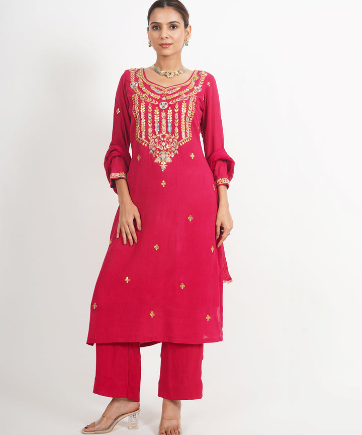 Red phool mahal hand embroidered silk crepe womens suit- set of 3