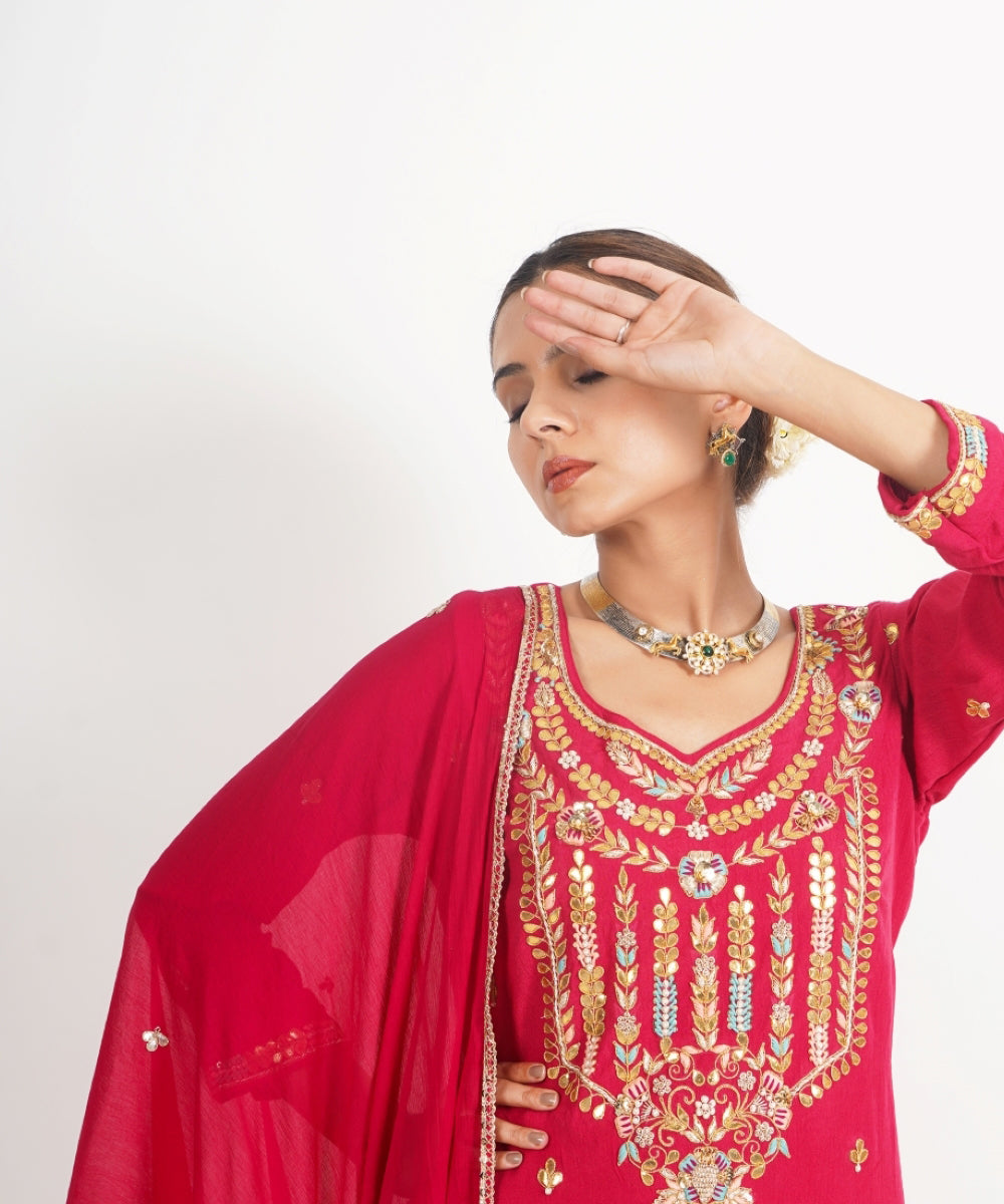 Red phool mahal hand embroidered silk crepe womens suit- set of 3