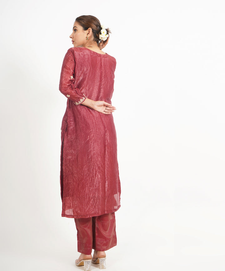 Chocolate maroon rang mahal hand embroidered silk crepe womens suit- set of 3