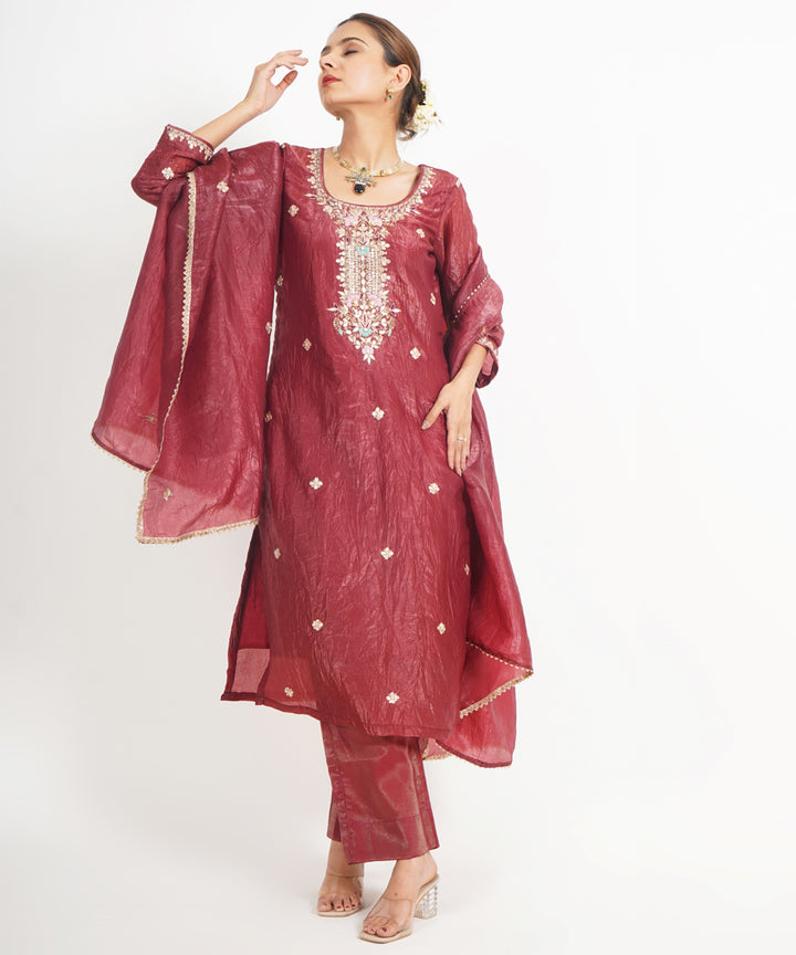 Chocolate maroon rang mahal hand embroidered silk crepe womens suit- set of 3