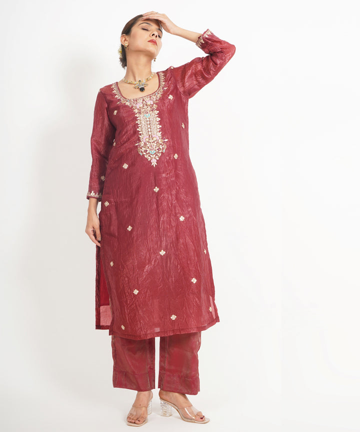 Chocolate maroon rang mahal hand embroidered silk crepe womens suit- set of 3