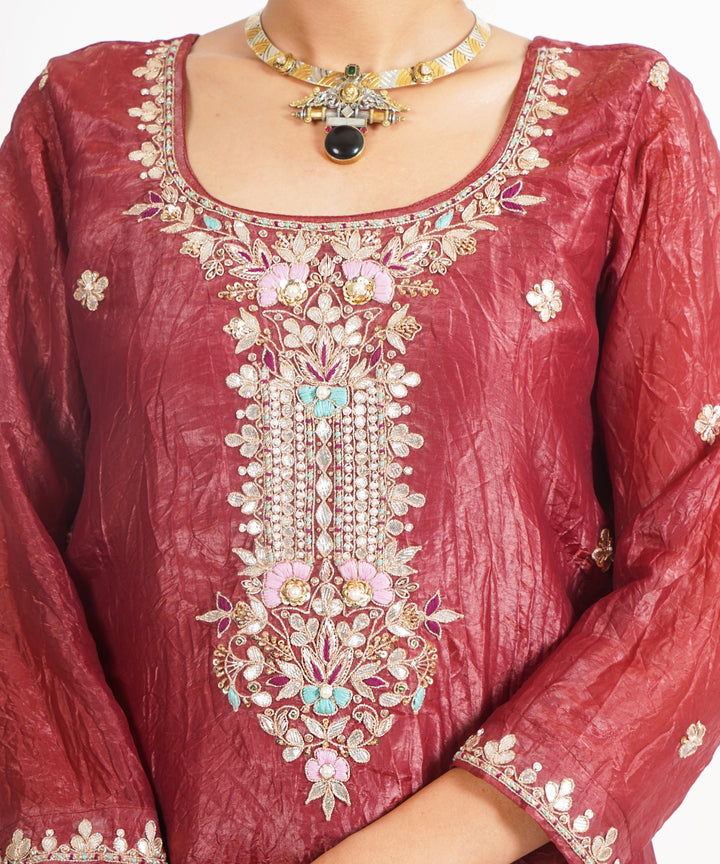 Chocolate maroon rang mahal hand embroidered silk crepe womens suit- set of 3