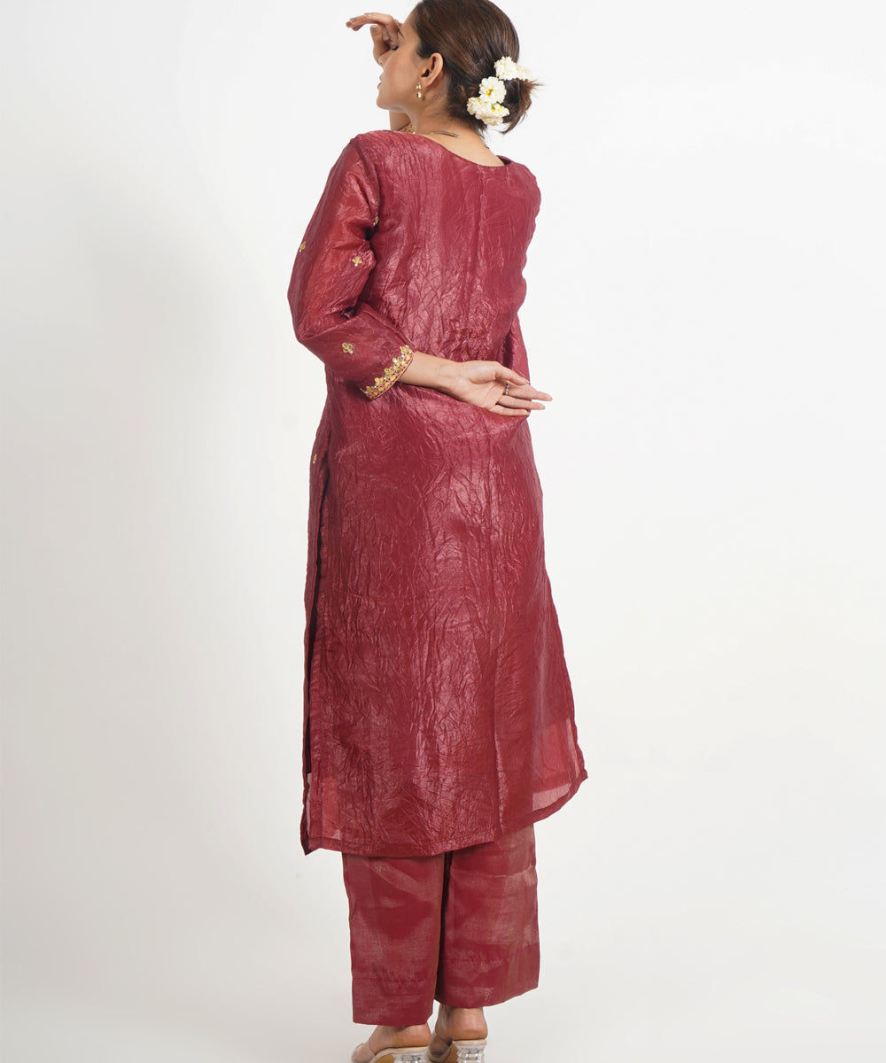 Chocolate maroon hawa mahal hand embroidered silk crepe womens suit- set of 3