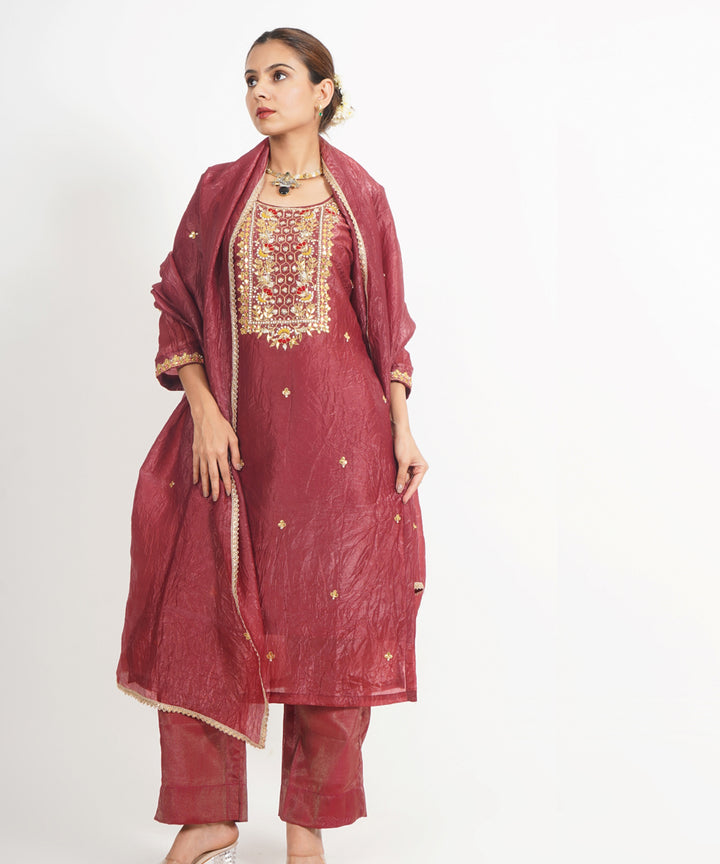 Chocolate maroon hawa mahal hand embroidered silk crepe womens suit- set of 3
