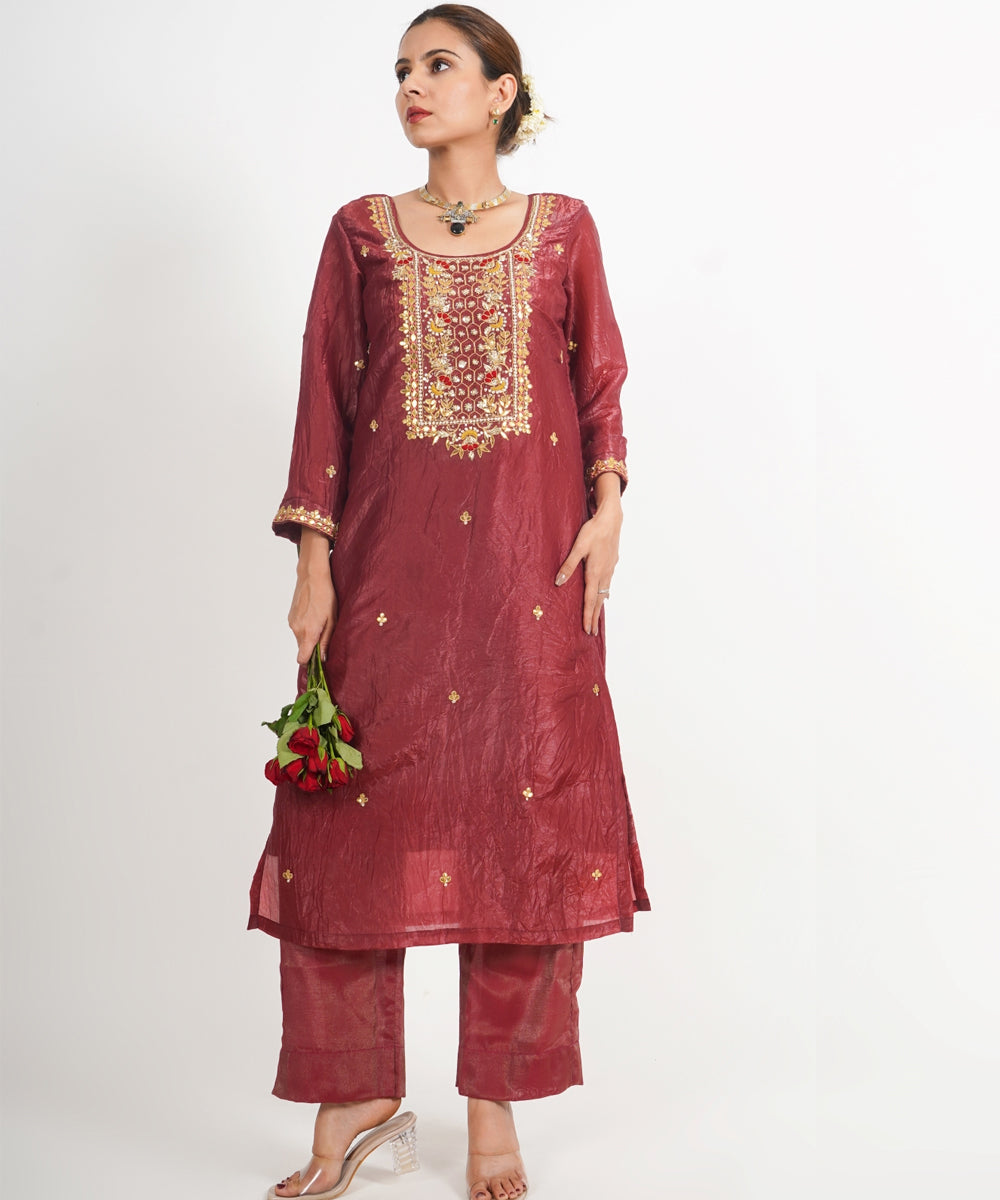 Chocolate maroon hawa mahal hand embroidered silk crepe womens suit- set of 3