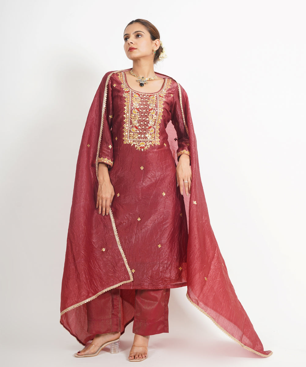 Chocolate maroon hawa mahal hand embroidered silk crepe womens suit- set of 3