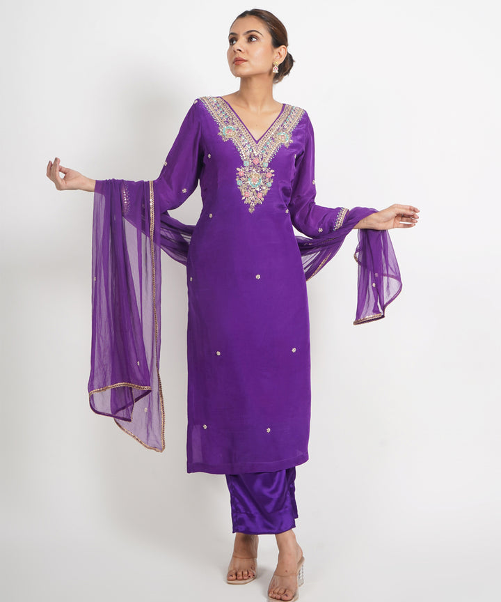 Purple jharokha hand embroidered silk crepe womens suit- set of 3