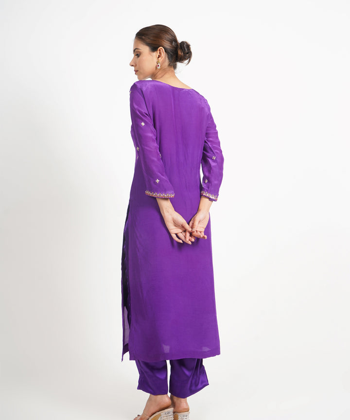 Purple man sagar hand embroidered silk crepe womens suit- set of 3