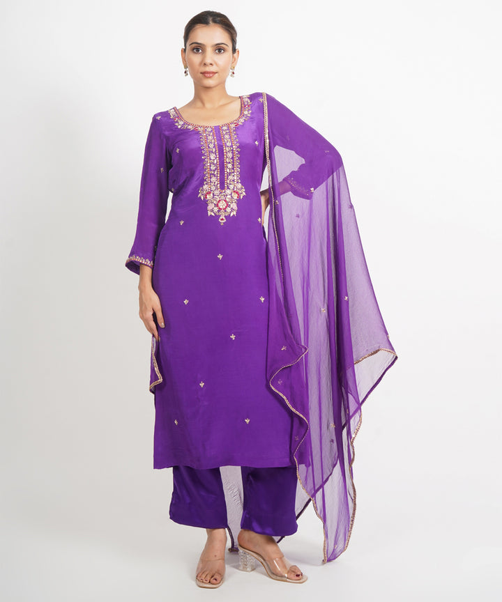 Purple man sagar hand embroidered silk crepe womens suit- set of 3