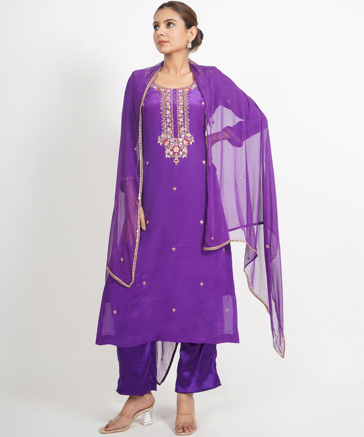 Purple man sagar hand embroidered silk crepe womens suit- set of 3
