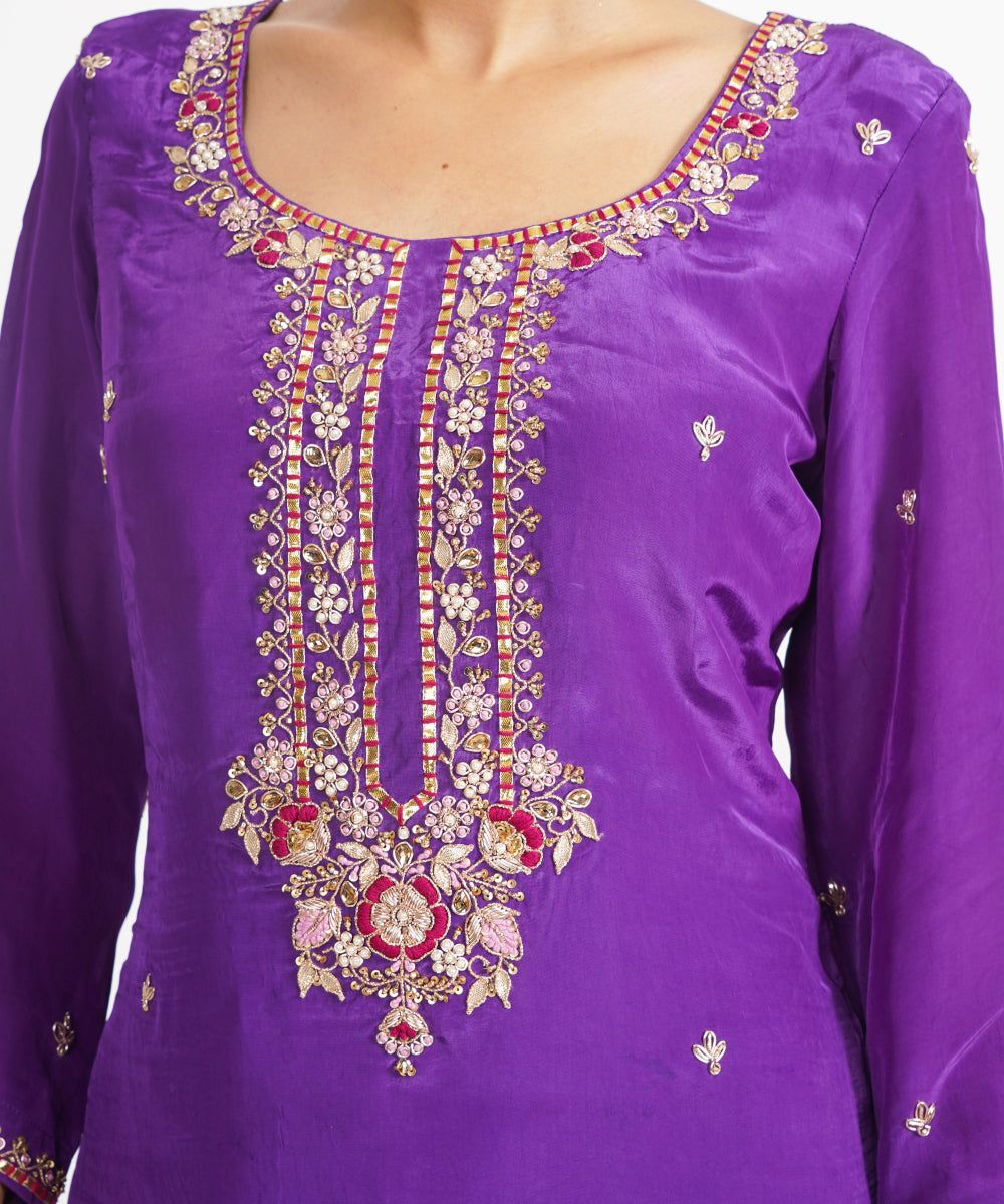 Purple man sagar hand embroidered silk crepe womens suit- set of 3