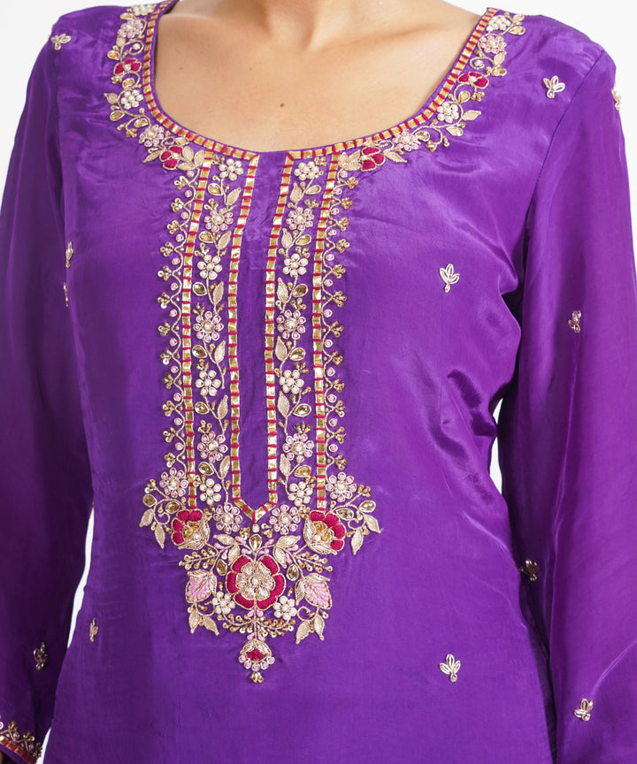 Purple man sagar hand embroidered silk crepe womens suit- set of 3