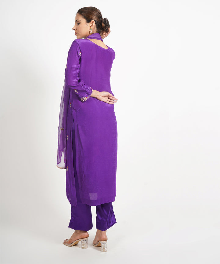 Purple kesar baag hand embroidered silk crepe womens suit- set of 3