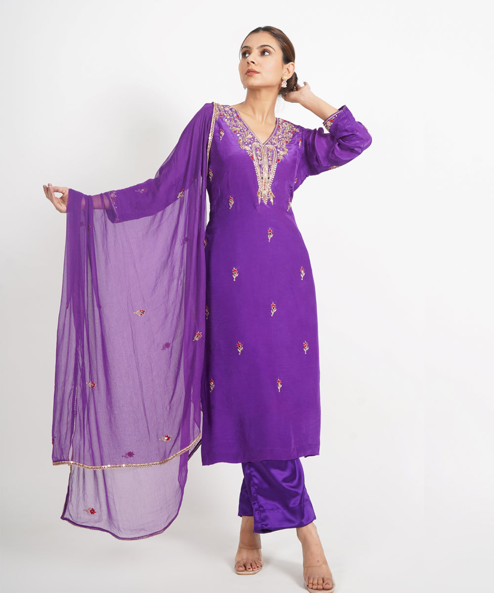 Purple kesar baag hand embroidered silk crepe womens suit- set of 3