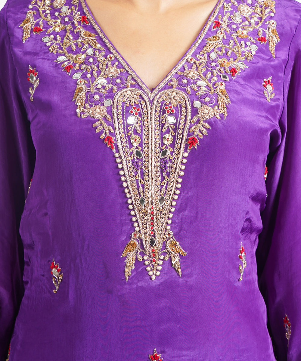 Purple kesar baag hand embroidered silk crepe womens suit- set of 3
