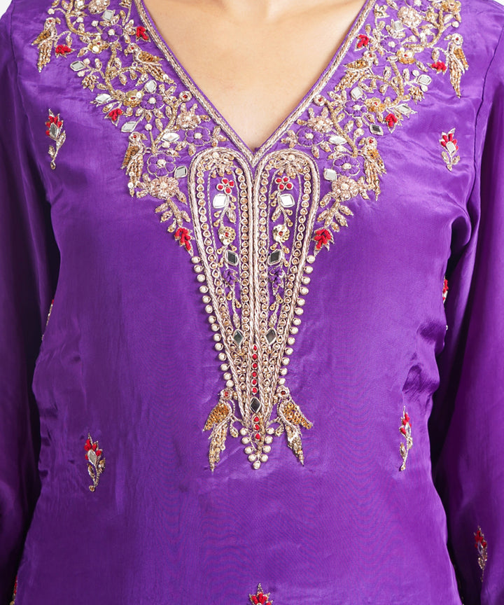 Purple kesar baag hand embroidered silk crepe womens suit- set of 3