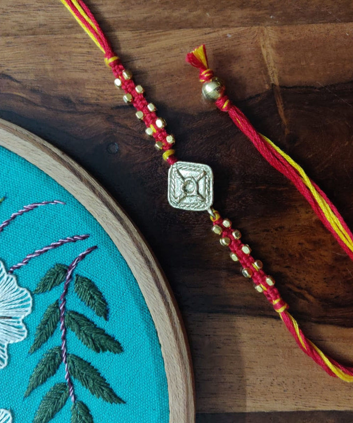 Red yellow thread handmade rakhi