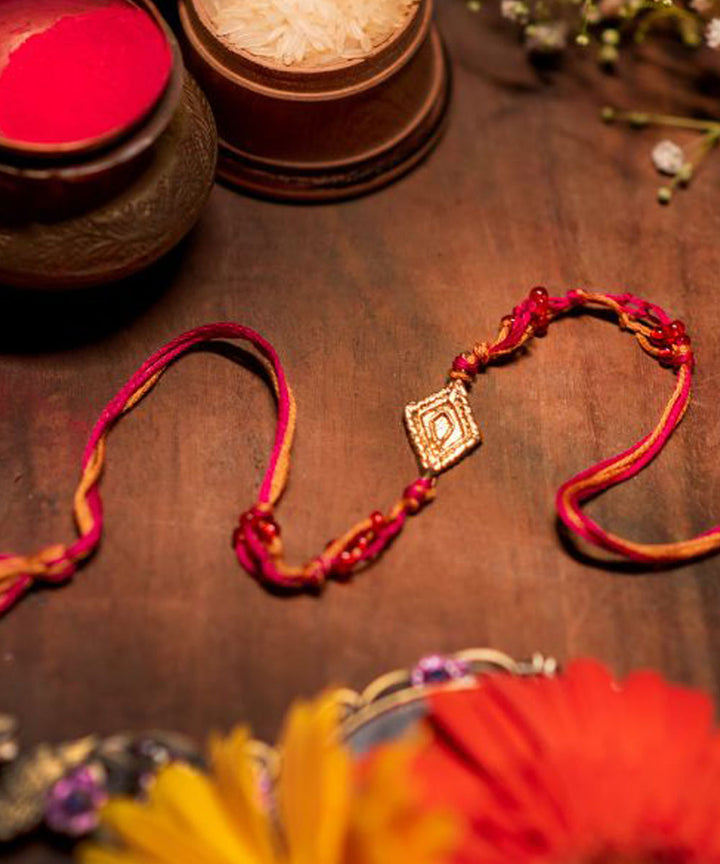 Red orange gray handmade thread rakhi