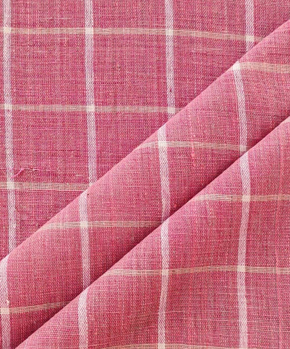 Checked pink cream handwoven cotton khadi fabric