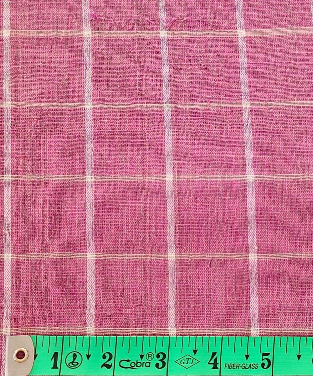 Checked pink cream handwoven cotton khadi fabric