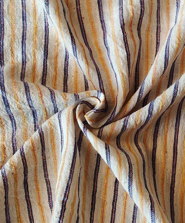 Blue yellow striped handwoven cotton khadi fabric