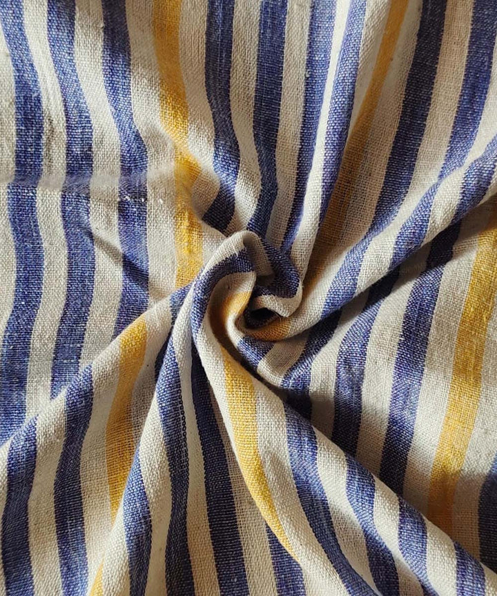 Blue yellow striped handwoven khadi cotton fabric