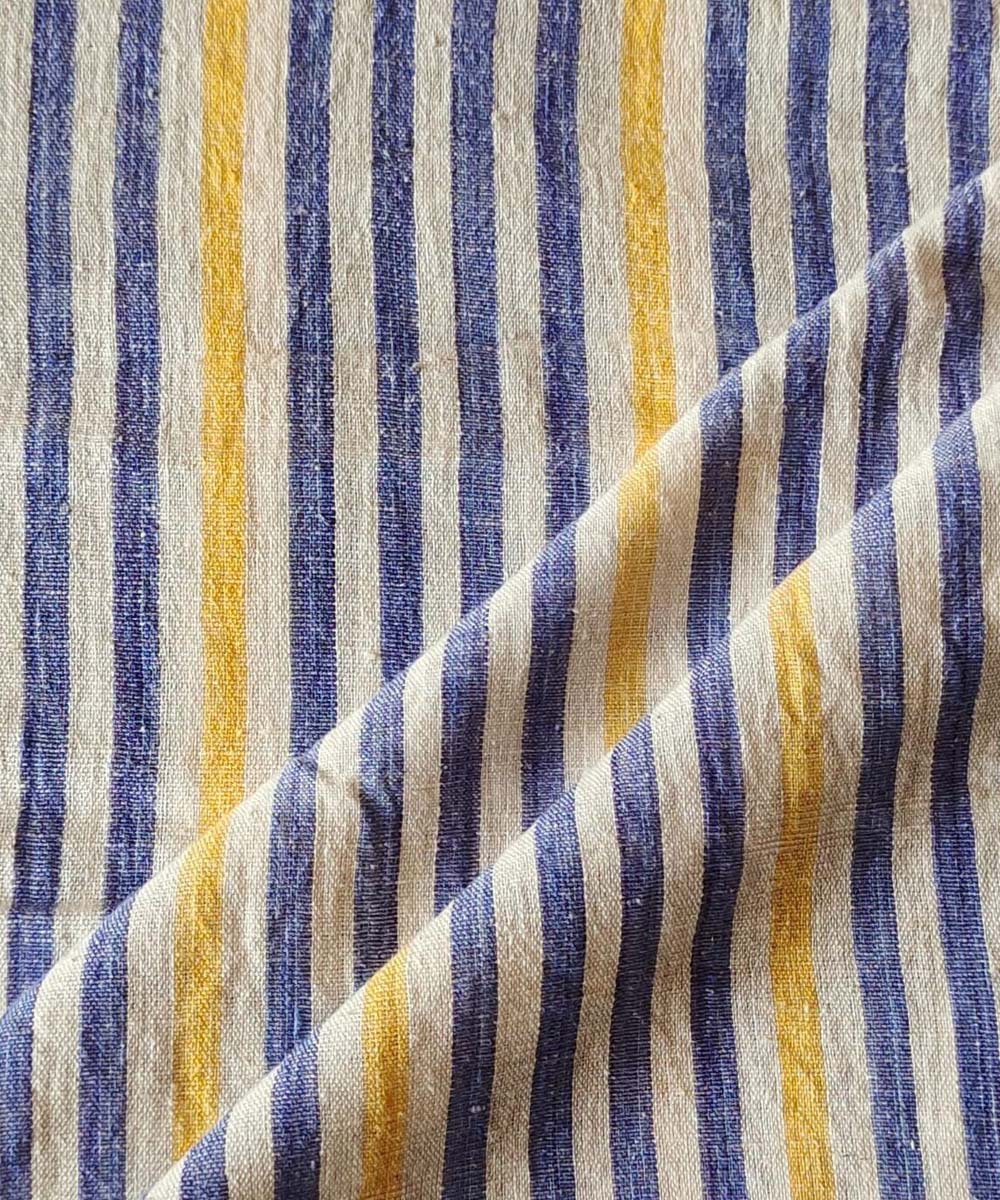 Blue yellow striped handwoven khadi cotton fabric
