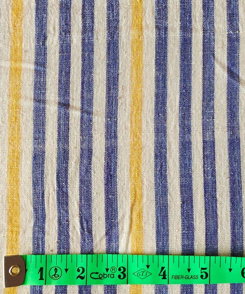 Blue yellow striped handwoven khadi cotton fabric
