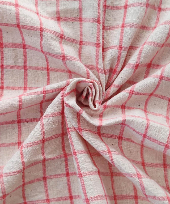 Pink cream checked handwoven cotton khadi fabric