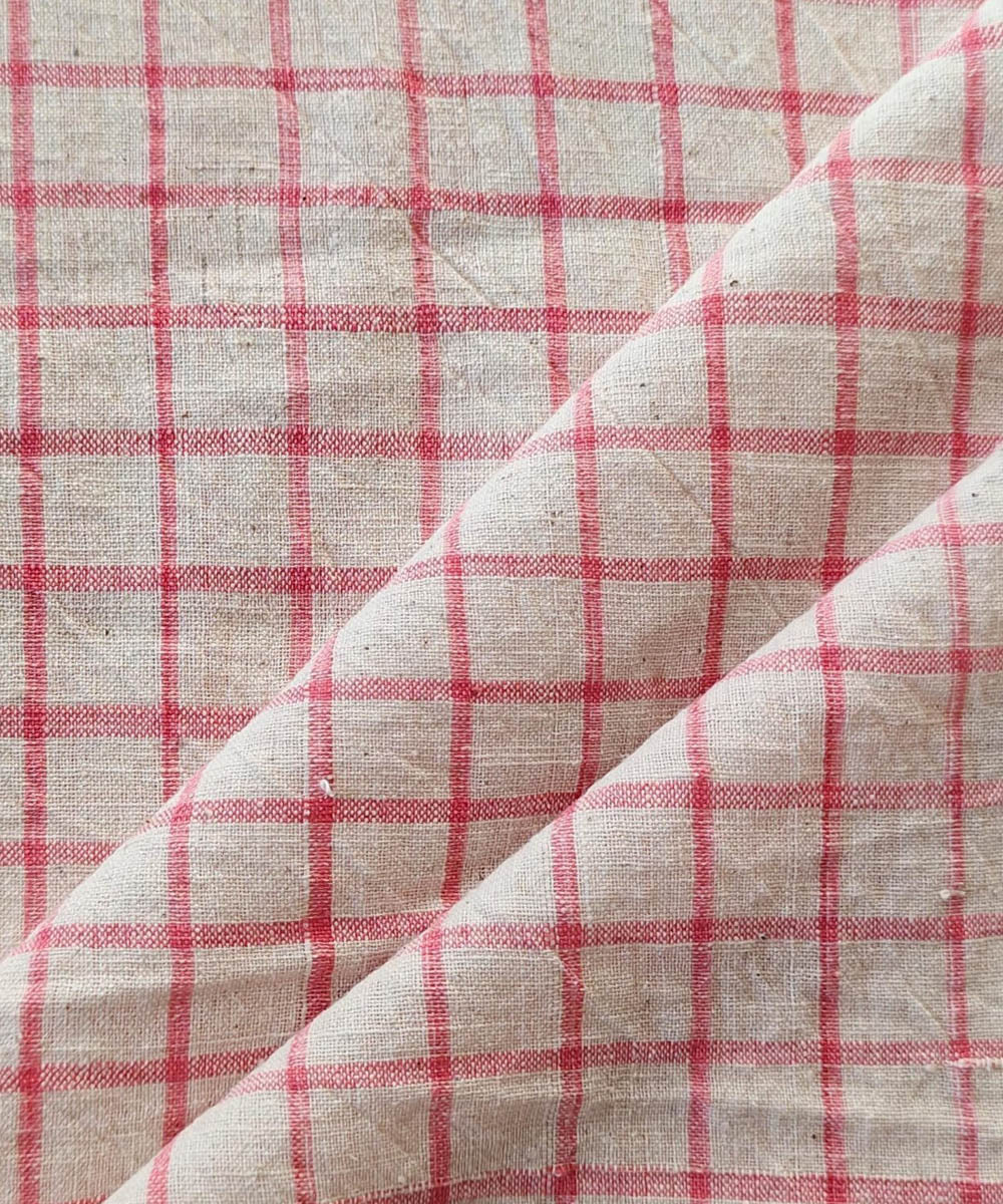 Pink cream checked handwoven cotton khadi fabric