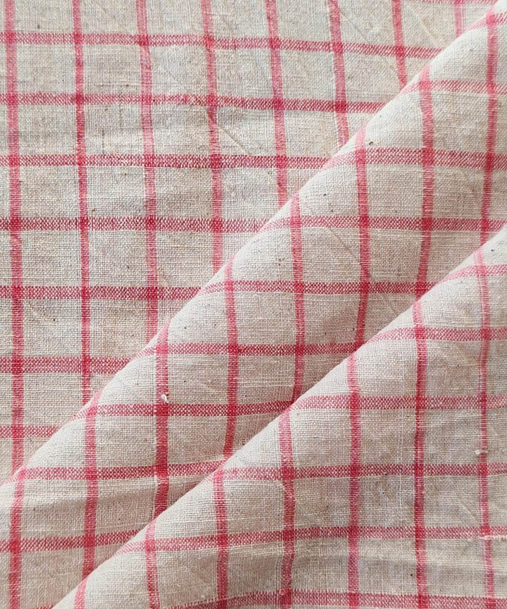 Pink cream checked handwoven cotton khadi fabric
