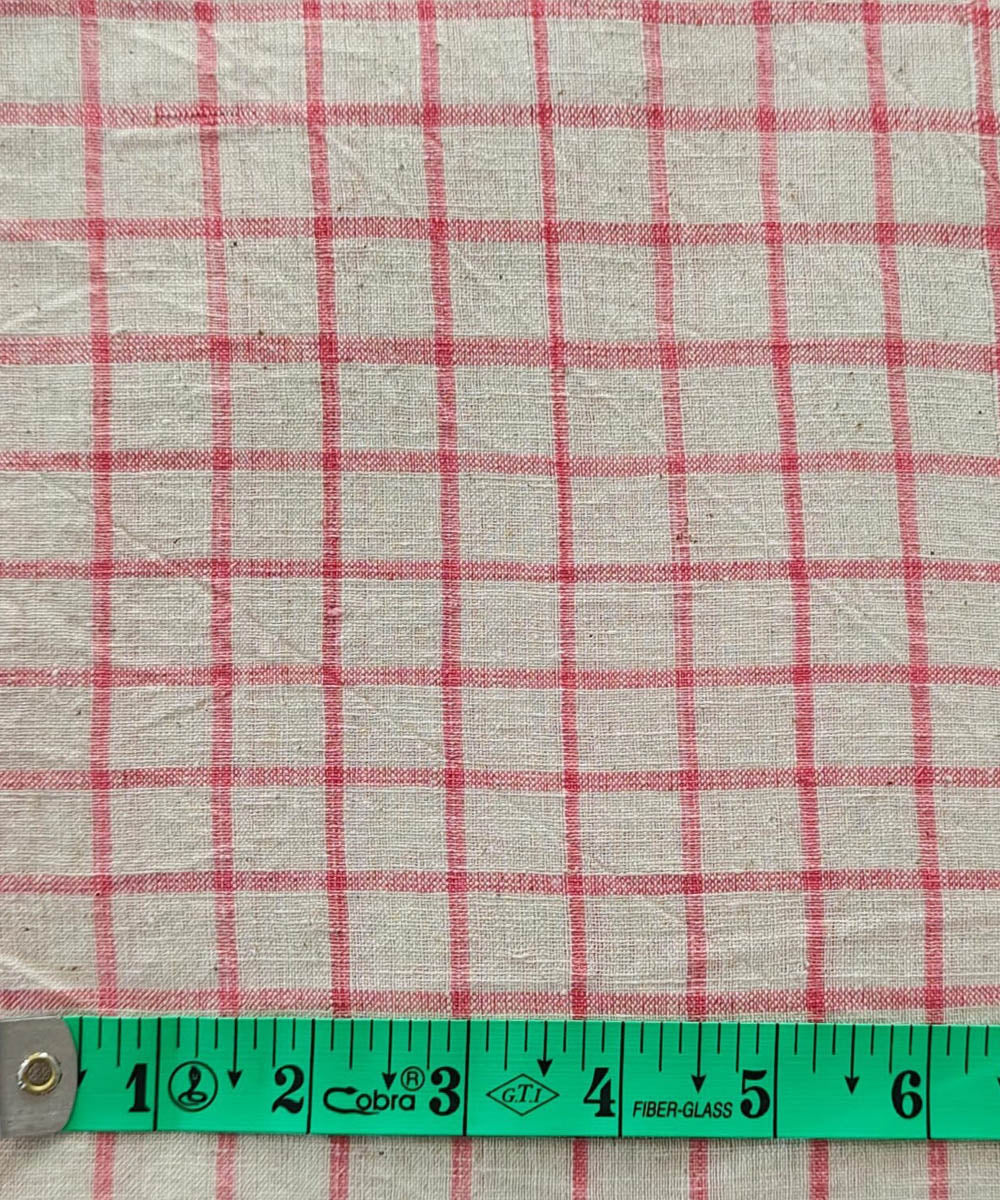 Pink cream checked handwoven cotton khadi fabric