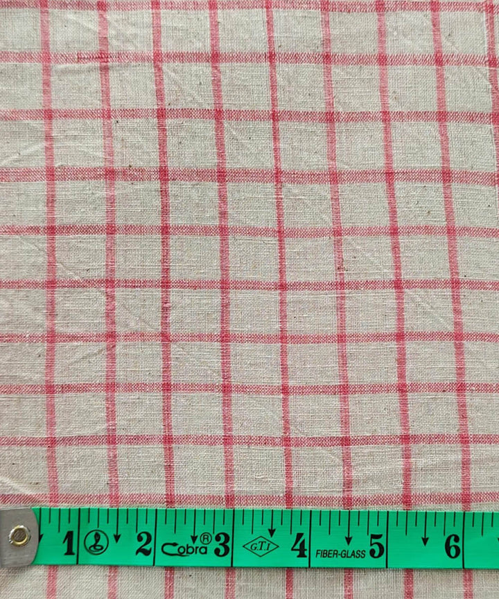 Pink cream checked handwoven cotton khadi fabric