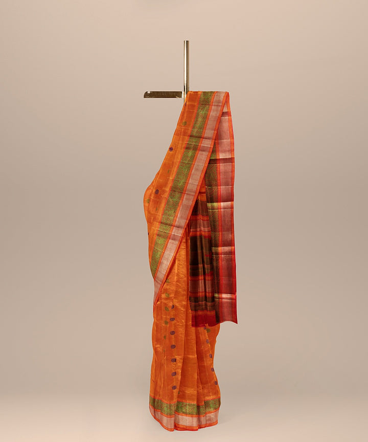 Orange olive handwoven kanchi silk saree