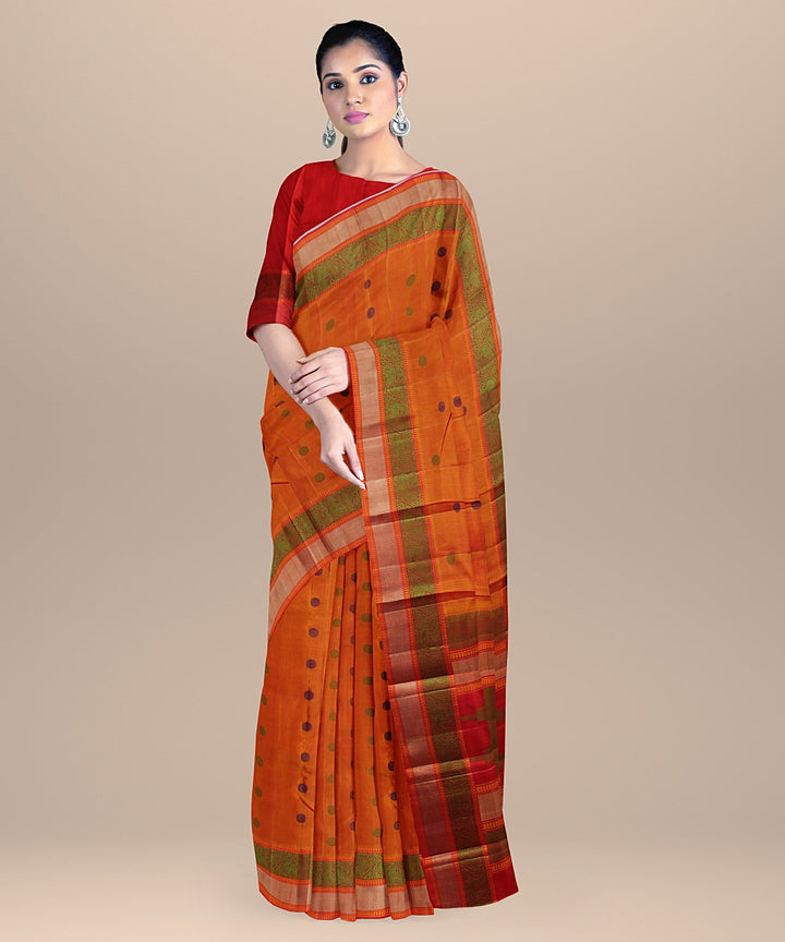 Orange olive handwoven kanchi silk saree