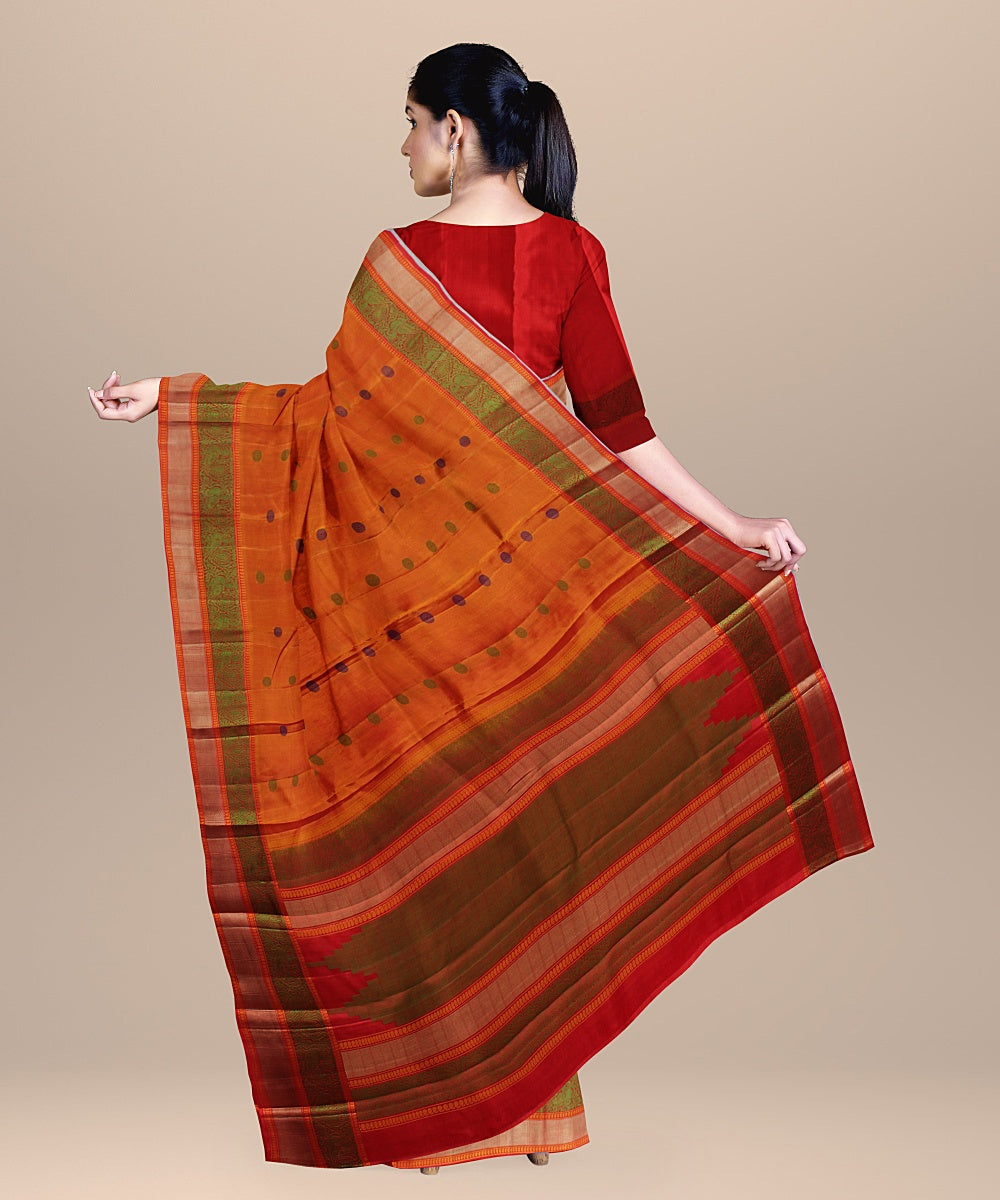Orange olive handwoven kanchi silk saree