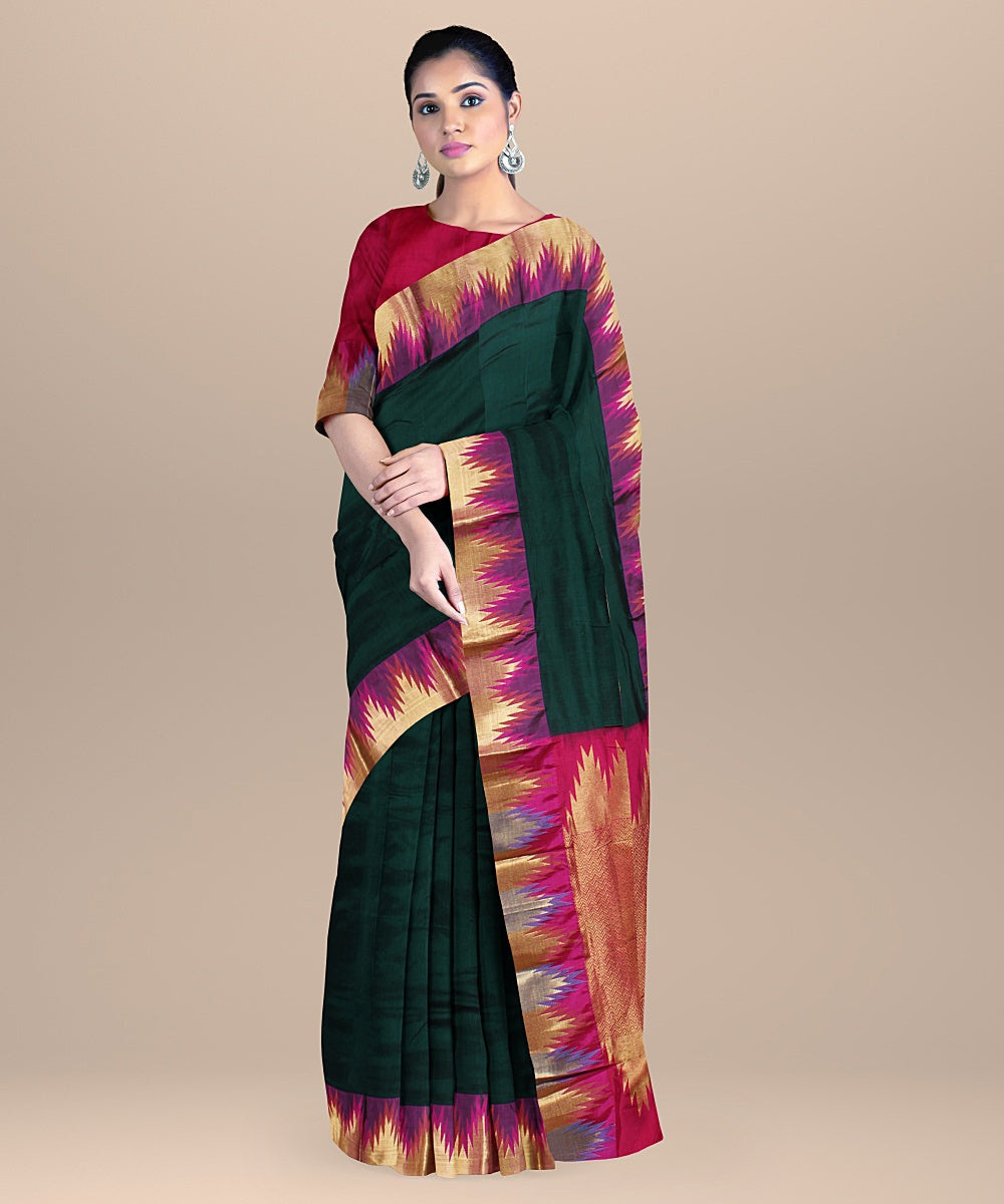 Dark green purple handwoven kanchi silk saree