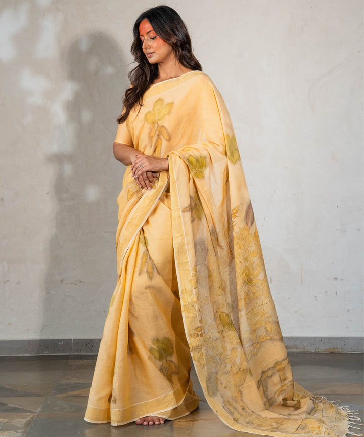 Soft pumpkin orange hand dyed with turmeric cotton bio print saree