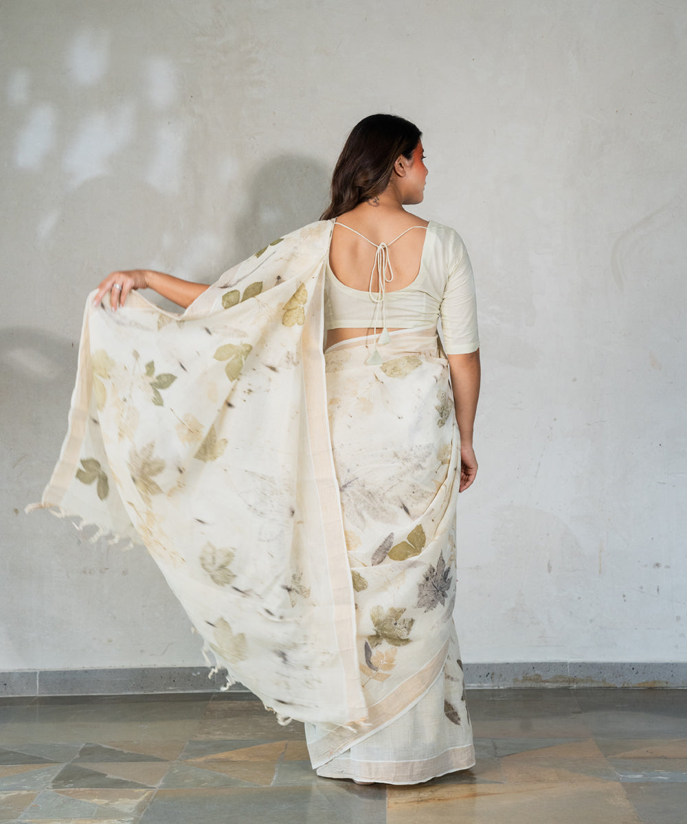 Ivory hand dyed with harde bio print cotton saree