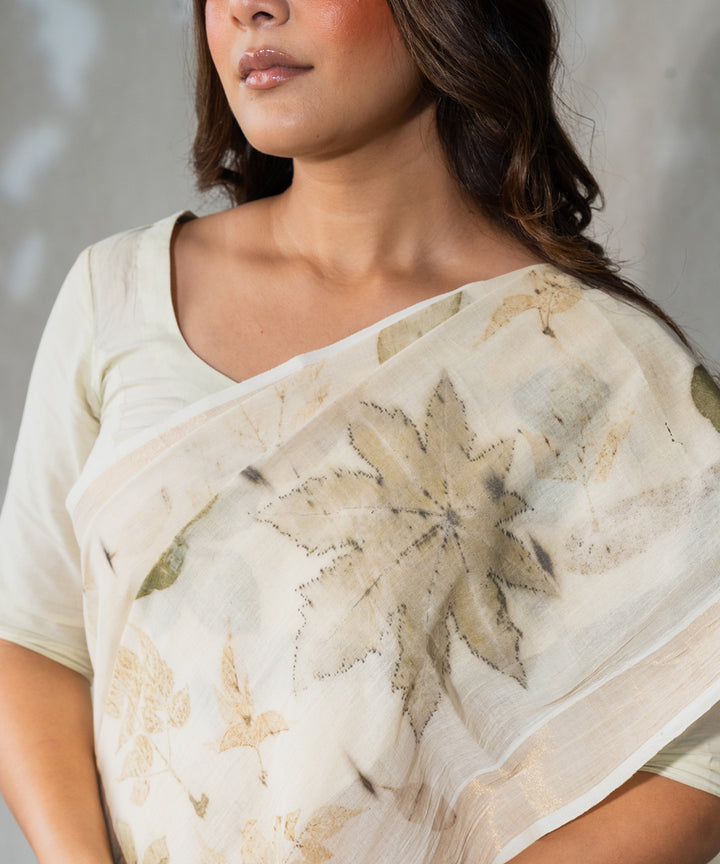 Ivory hand dyed with harde bio print cotton saree