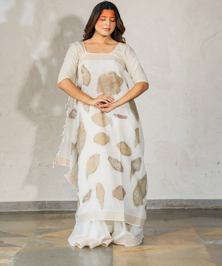 Ivory cotton hand dyed with harde bio print saree