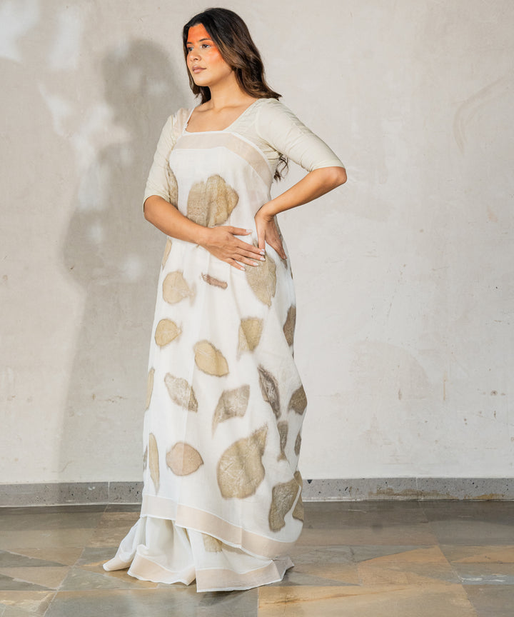 Ivory cotton hand dyed with harde bio print saree