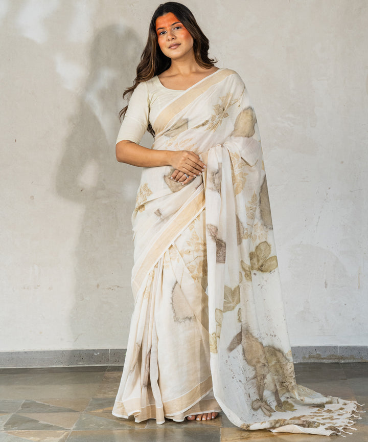 Ivory cotton hand dye with harde bio print saree
