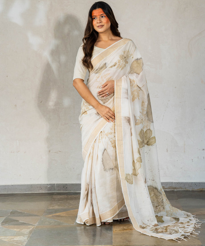 Ivory cotton hand dye with harde bio print saree
