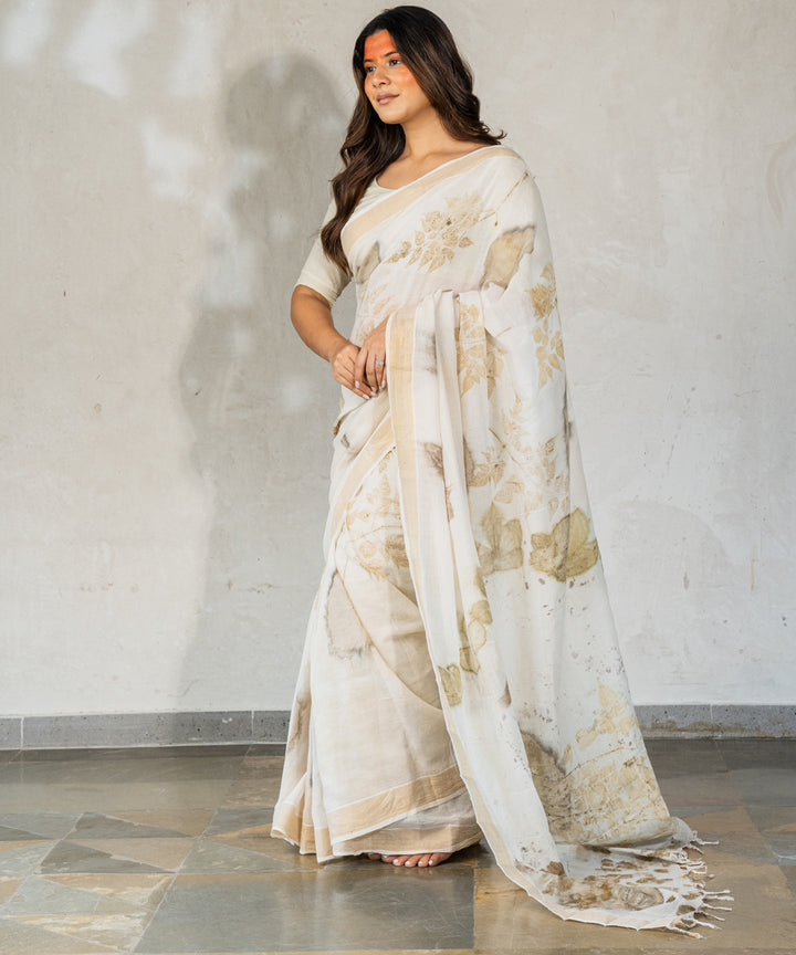 Ivory cotton hand dye with harde bio print saree