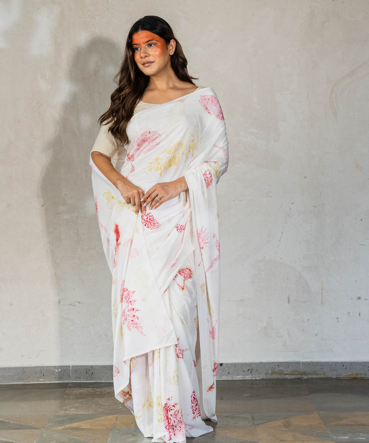 Ivory hand dyed with harde cotton bio print saree