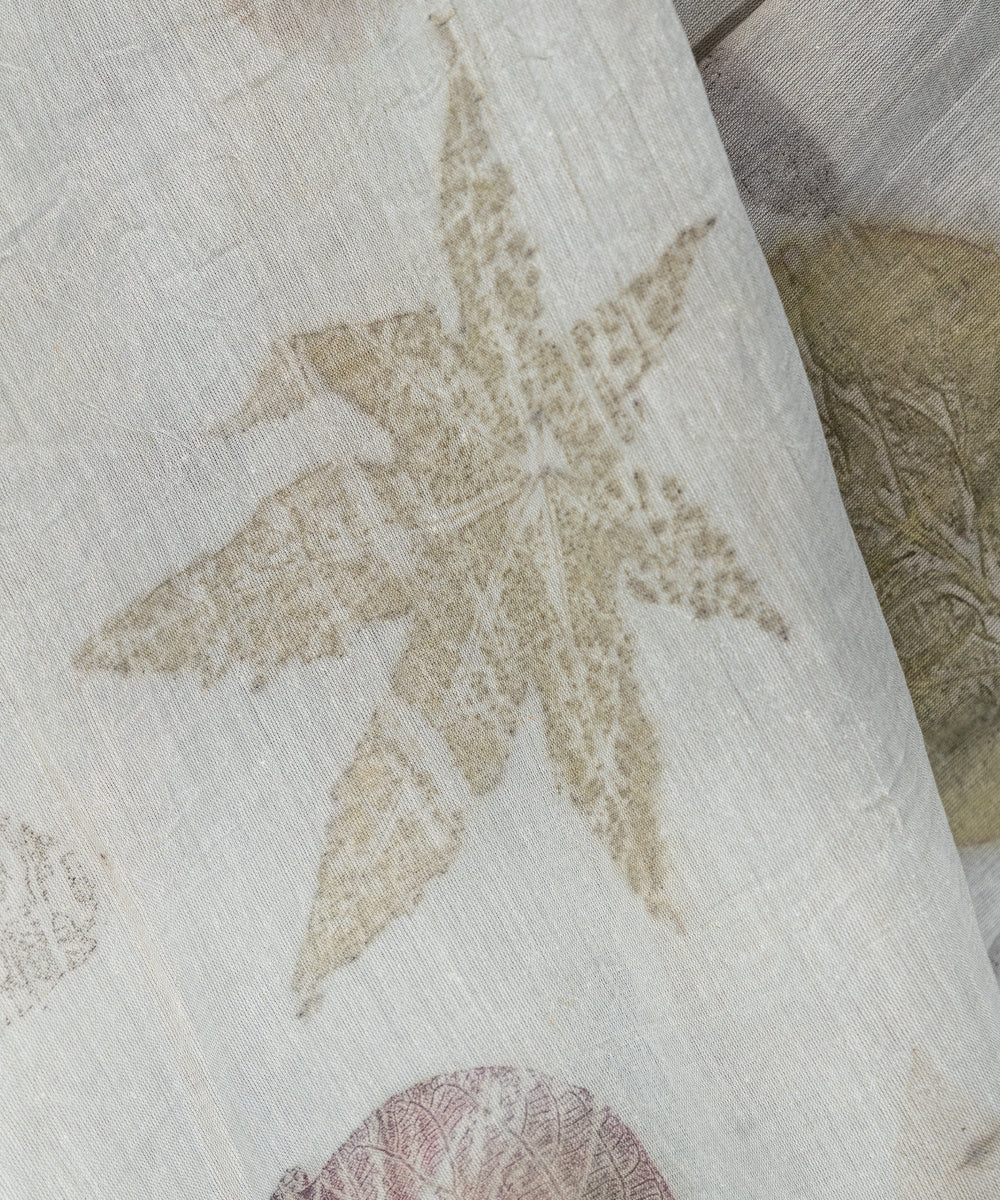 Ash grey hand dyed with iron ore bio print cotton saree